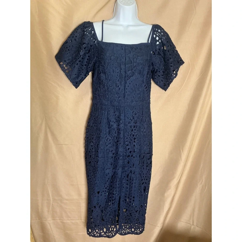 Lace Midi Dress Women 6  Navy Blue Excellent Cold Shoulder Puff Sleeve Square - Picture 2 of 13